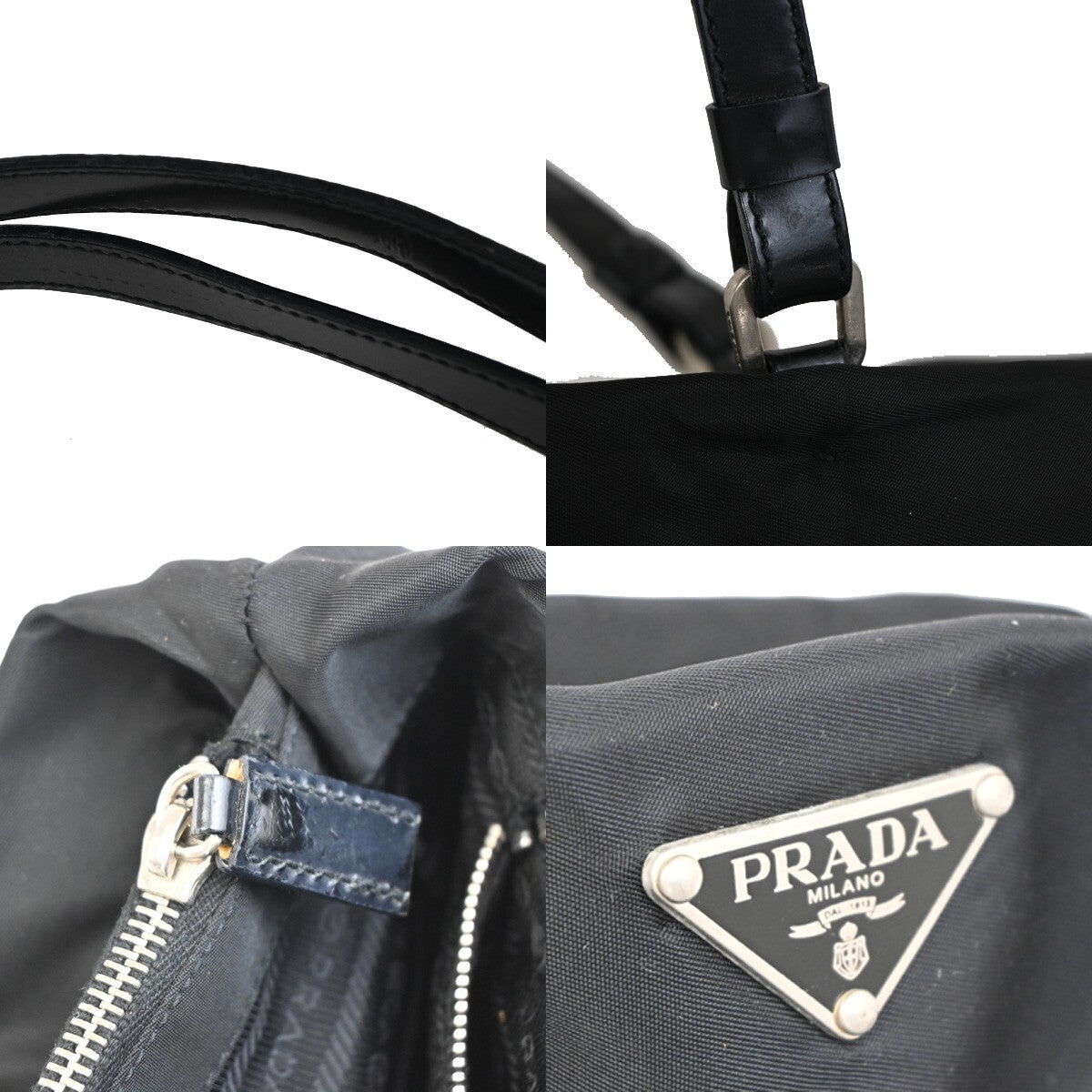 PRADA MILANO Logo Tessuto Shoulder Tote Bag Nylon Leather Black Silver 39EE170