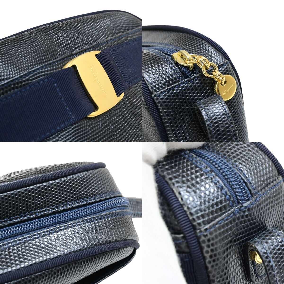 SALVATORE FERRAGAMO Vara Mini Shoulder Bag Embossing Leather Blue 69FB072