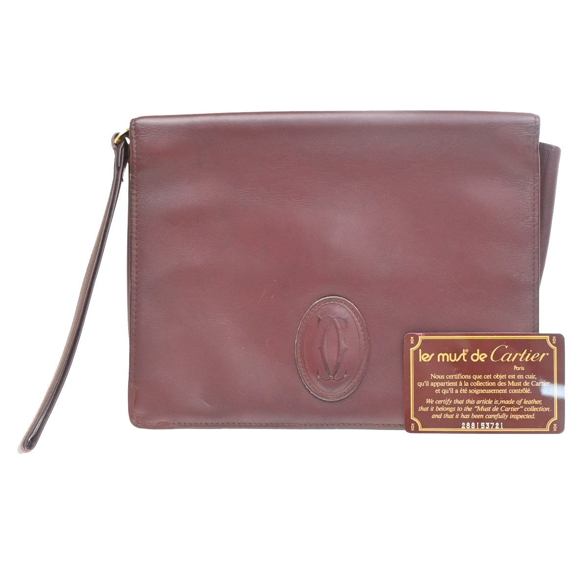 Cartier Logo Must Line 2set Clutch Hand Bag Leather Burgundy Red 07CA861