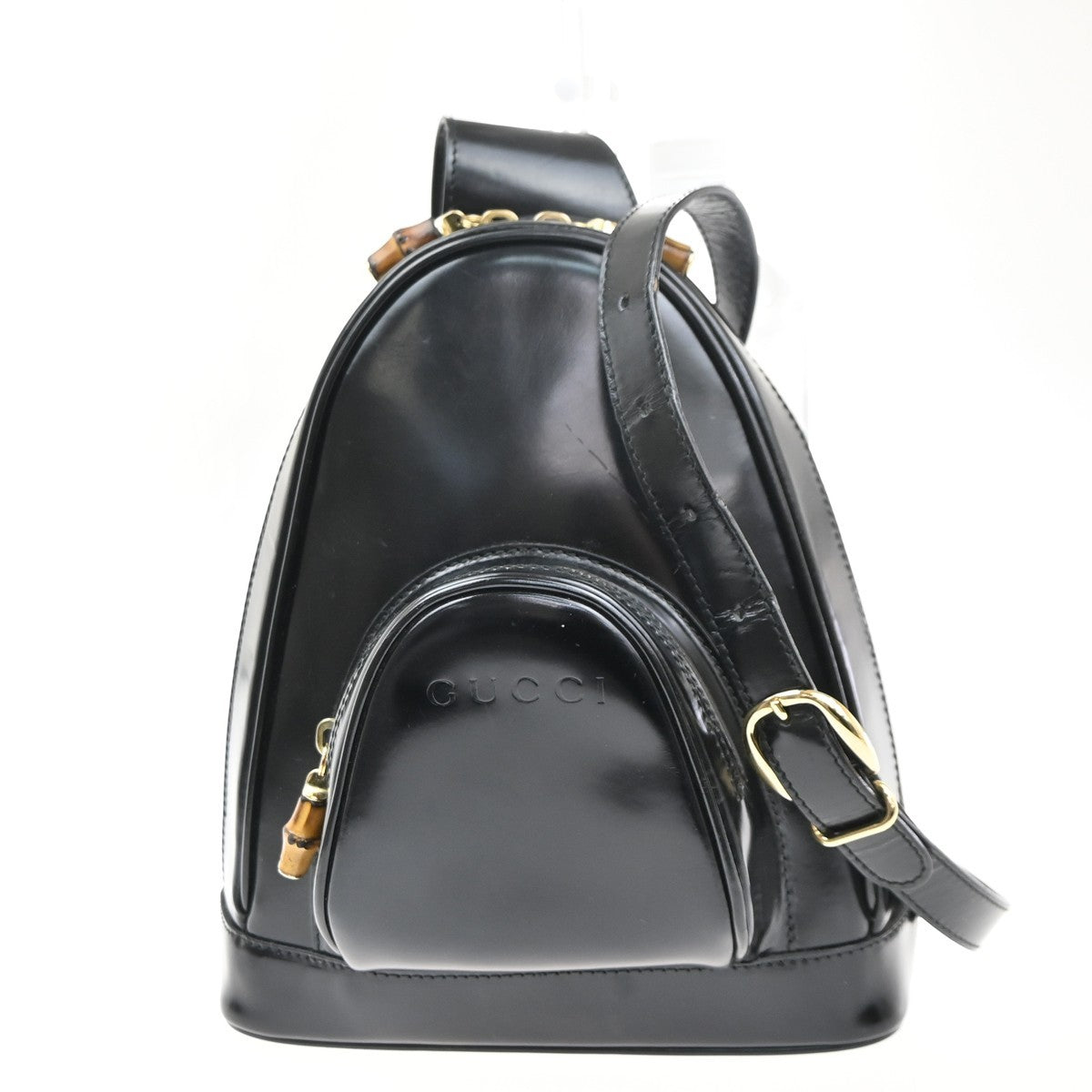 GUCCI Logo Bamboo One Shoulder Body Bag Patent Leather Black GHW Italy 07KC479