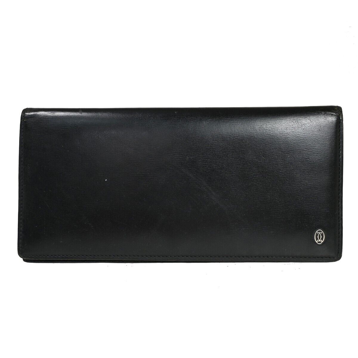CARTIER 2C Logo Bifold Wallet Purse Leather Black Silver Made in France 07FA043