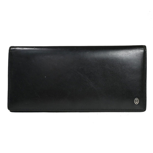 CARTIER 2C Logo Bifold Wallet Purse Leather Black Silver Made in France 07FA043