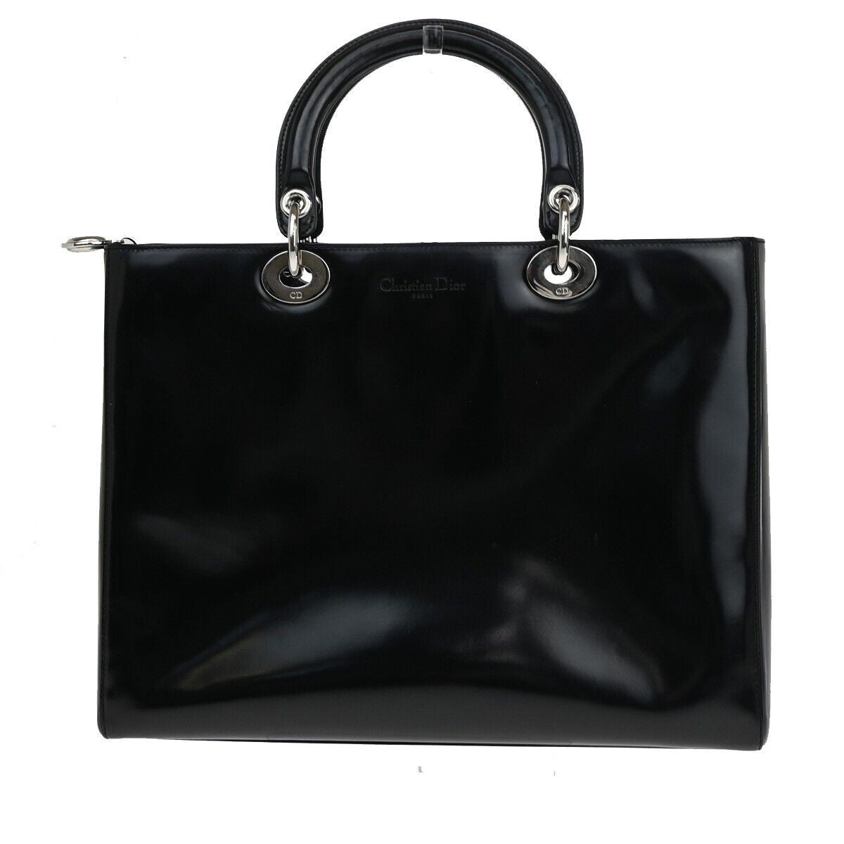 CHRISTIAN DIOR Lady Tote Hand Bag Patent Leather Black Silver Italy 12SH744