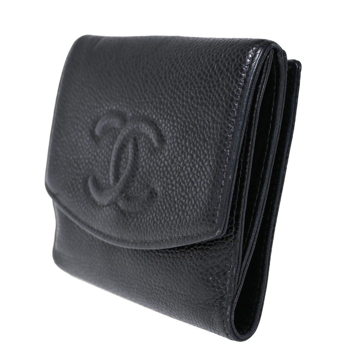 CHANEL CC Logo Bifold Wallet Purse Caviar Skin Leather Black France 68HB308
