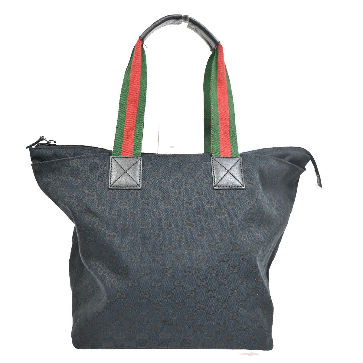 GUCCI web stripe Sherry Line Shoulder Tote Bag Leather Canvas Black SHW 77TA688