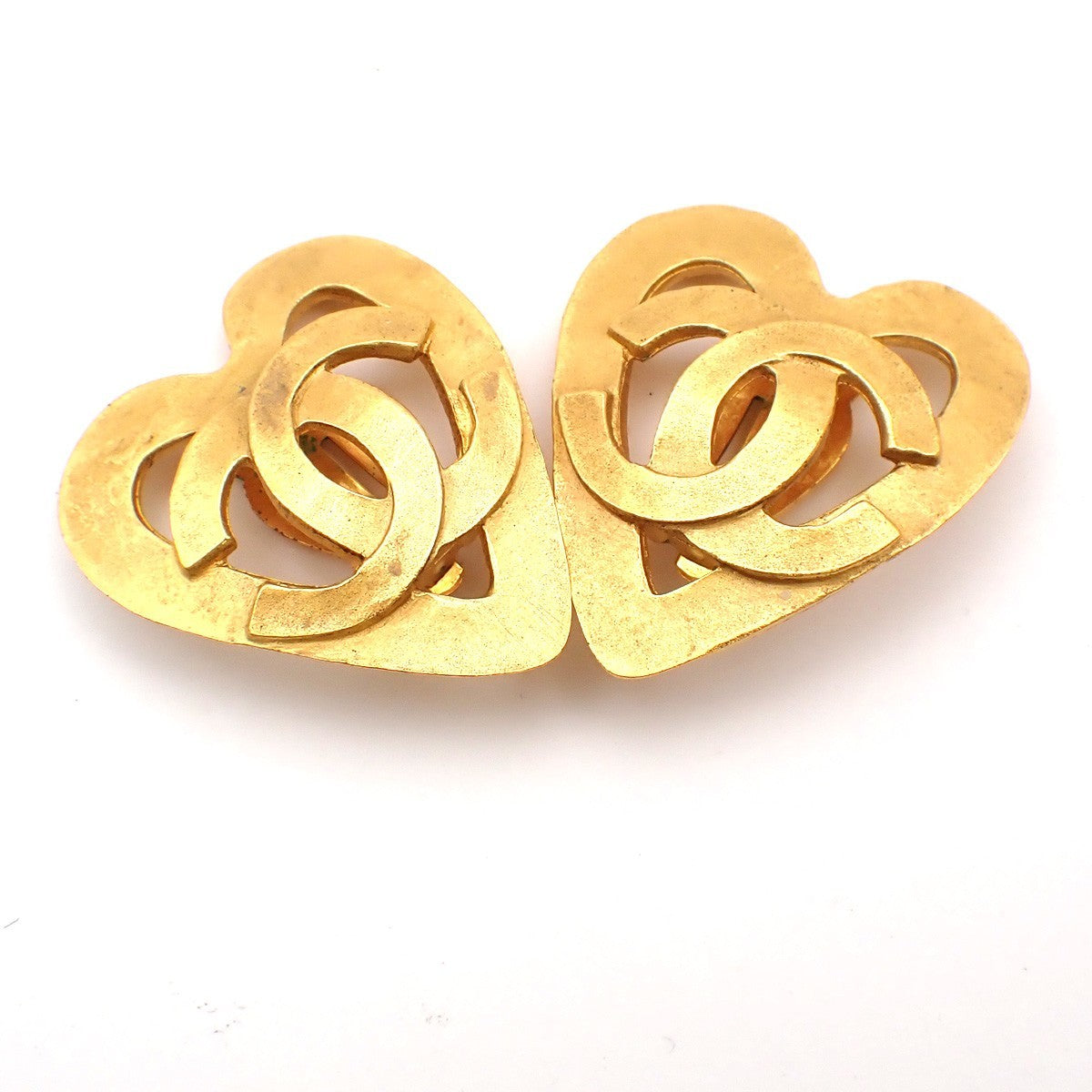 CHANEL CC Logo Heart Clip On Earrings 95 P Gold Accessory Vintage 73EG259