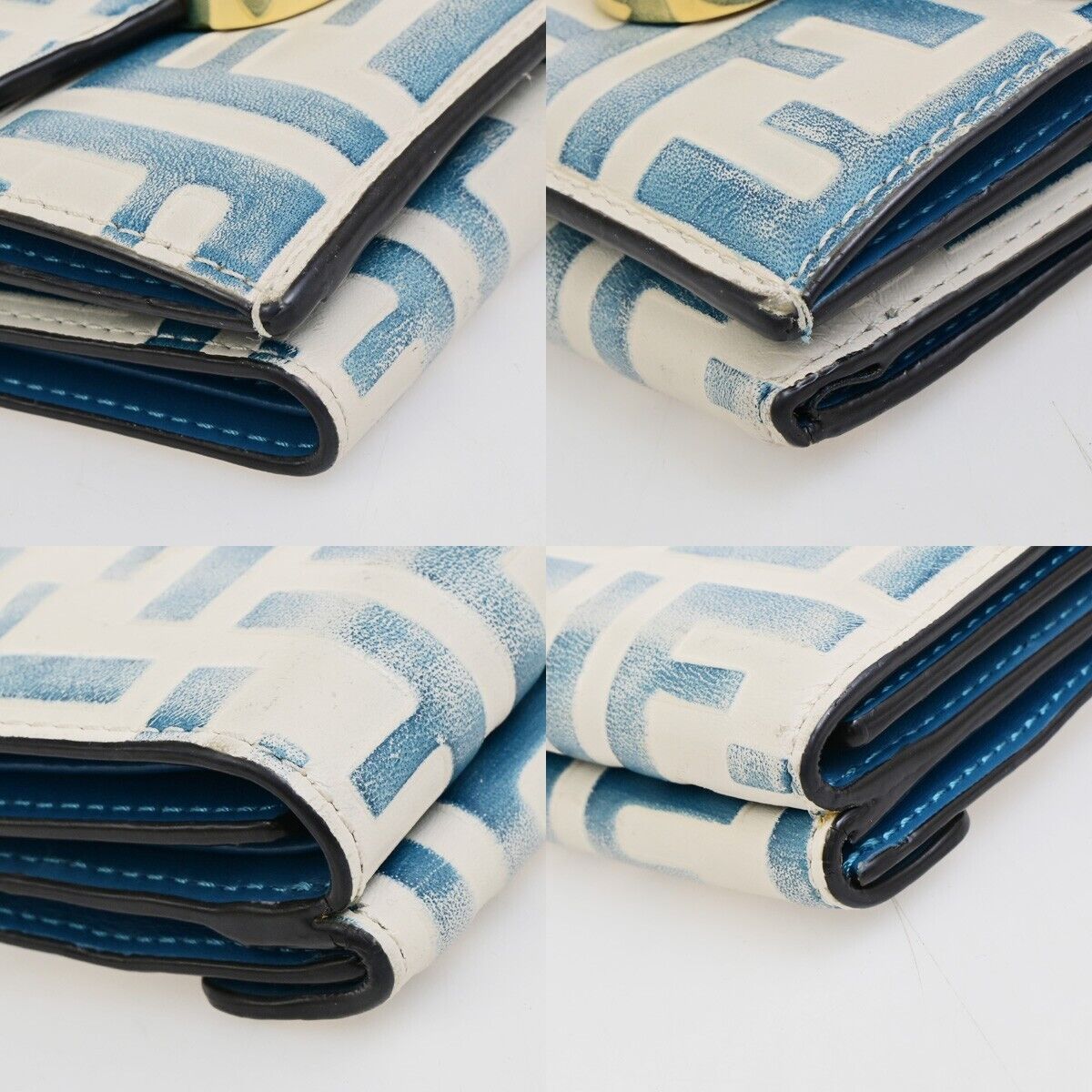 FENDI Zucca Pattern Mini Trifold Compact Wallet Leather Blue White Italy 61KA542