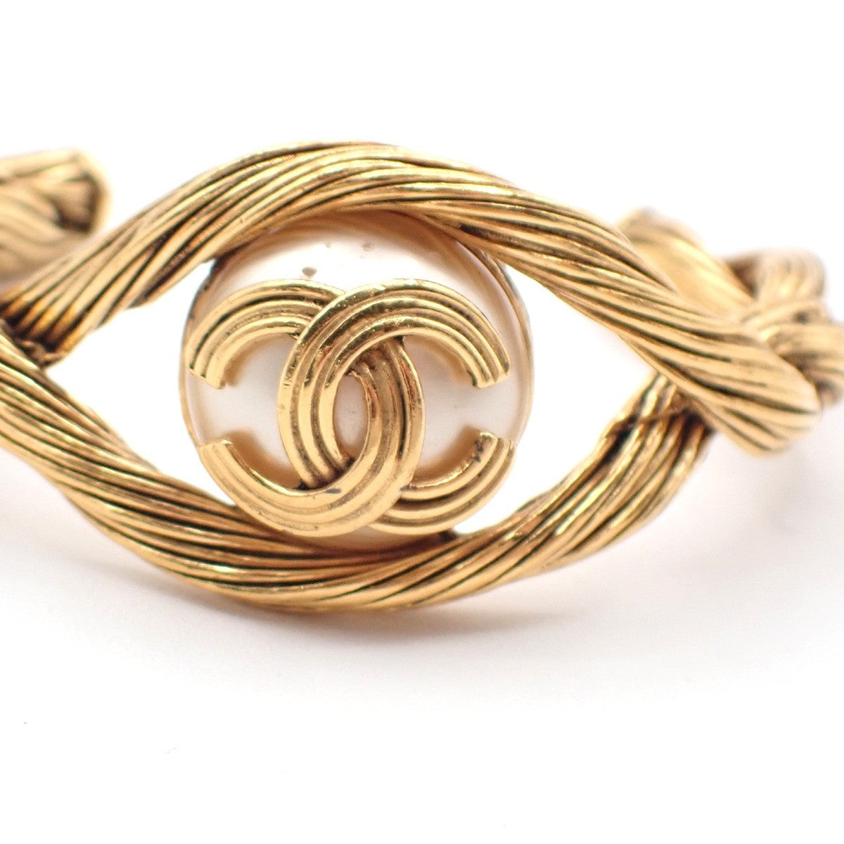 CHANEL CC Logo Imitation Pearl Bangle Bracelet Gold White 94A GHW France 38RL858