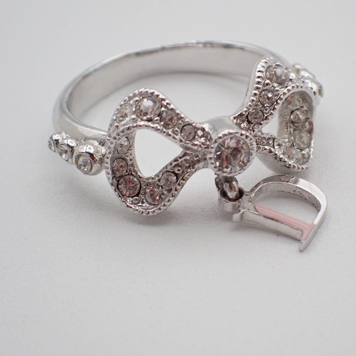 Dior Logo Rhinestone Bow Ring Silver Plated Accessory 09EF811
