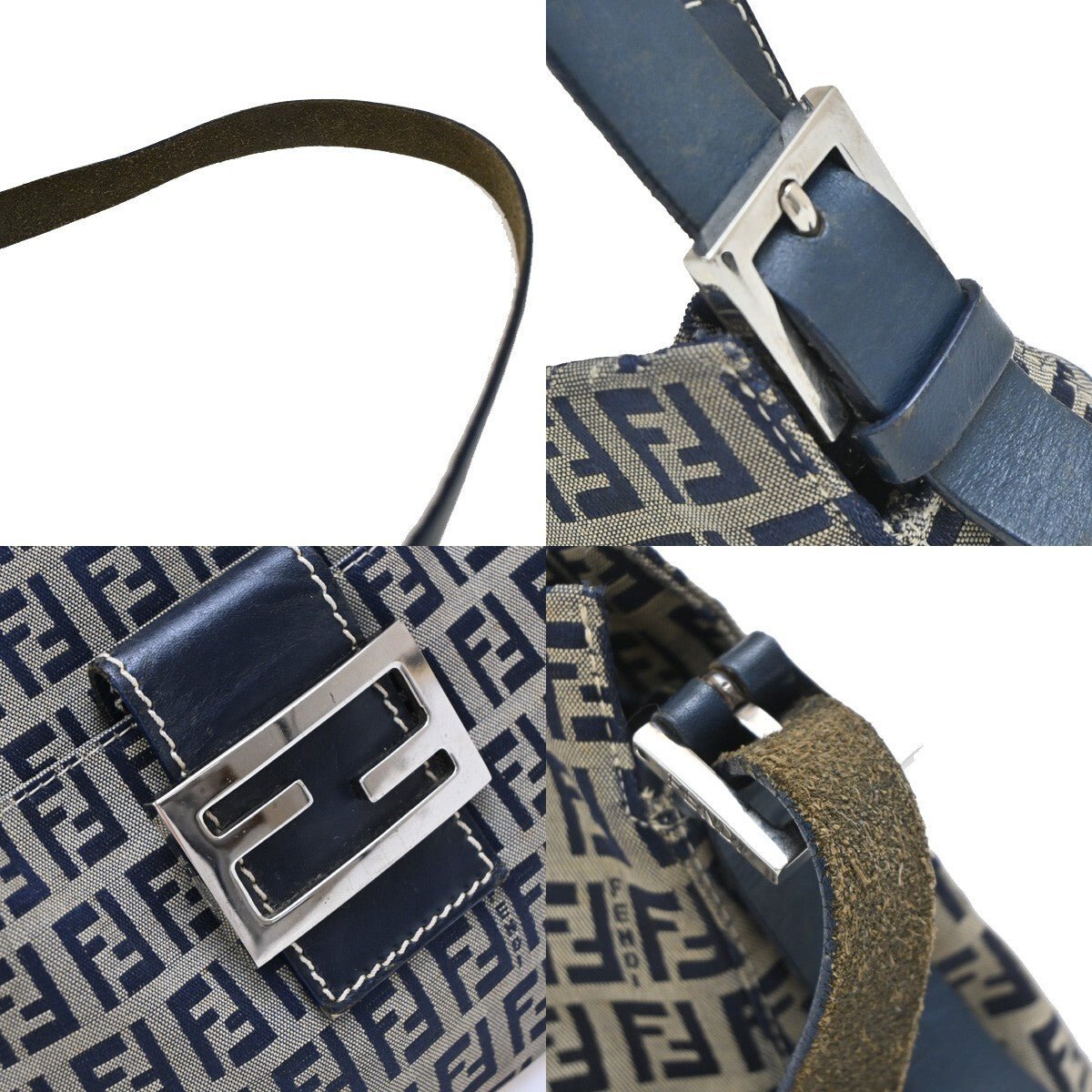 FENDI Logo Zucchino Pattern Shoulder Bag Canvas Leather Navy Blue Silver 70EE283