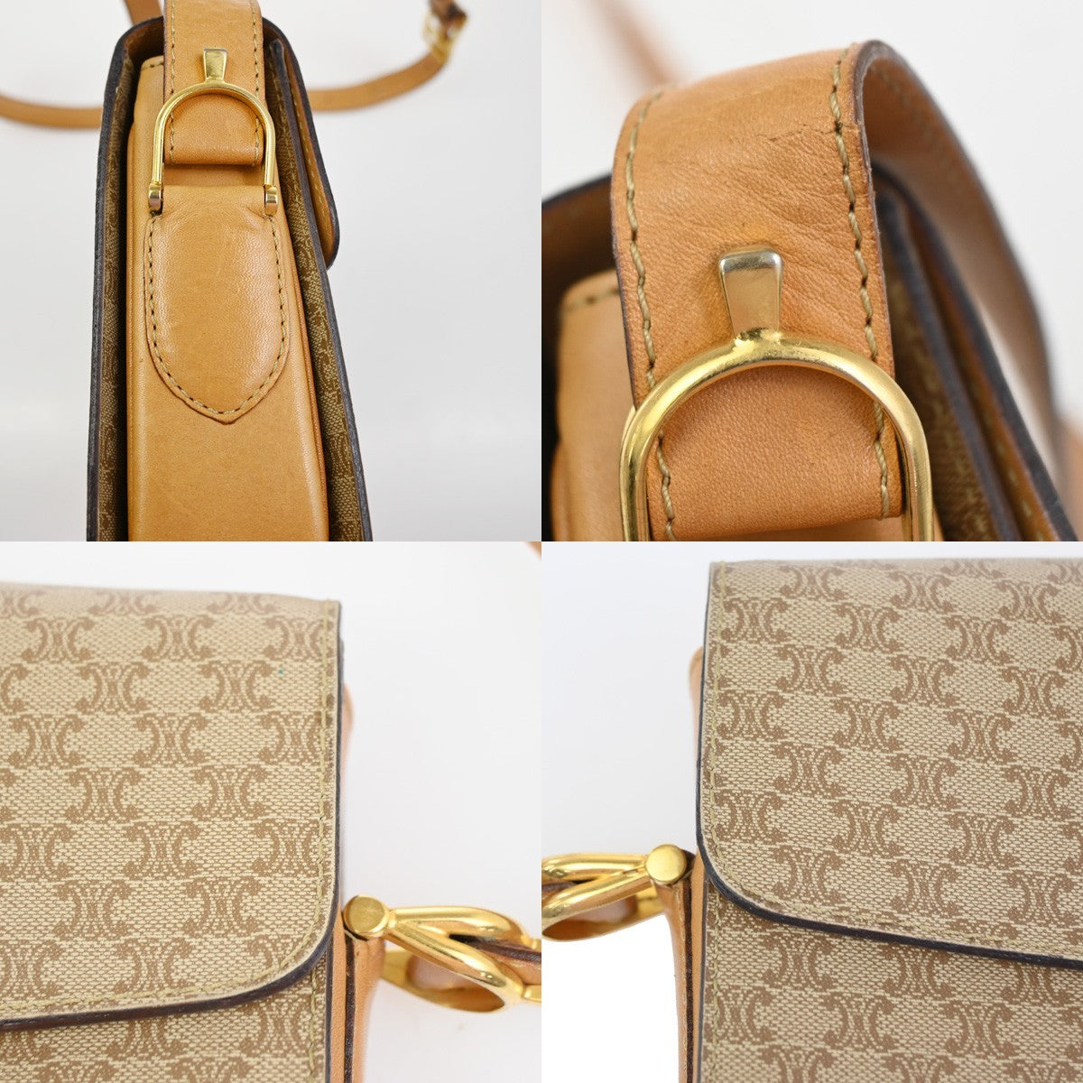 CELINE Logo Horse Carriage Macadam Shoulder Bag PVC Leather Beige GHW 30KC949