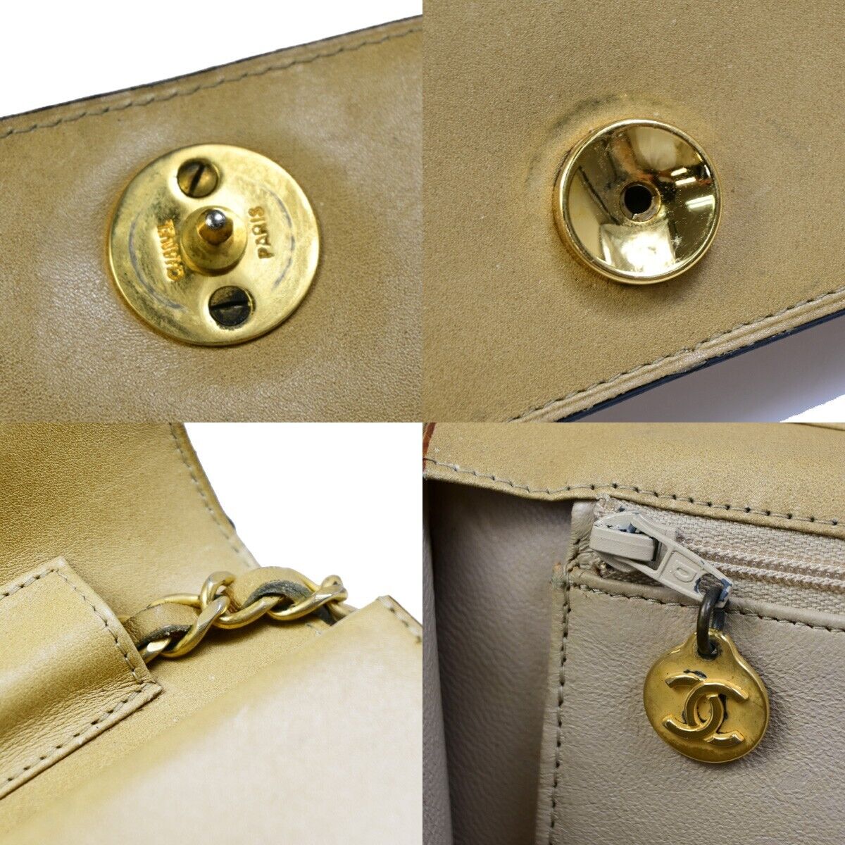 CHANEL CC Logo Chain Shoulder Bag Leather Beige GHW France Vintage 605EB035