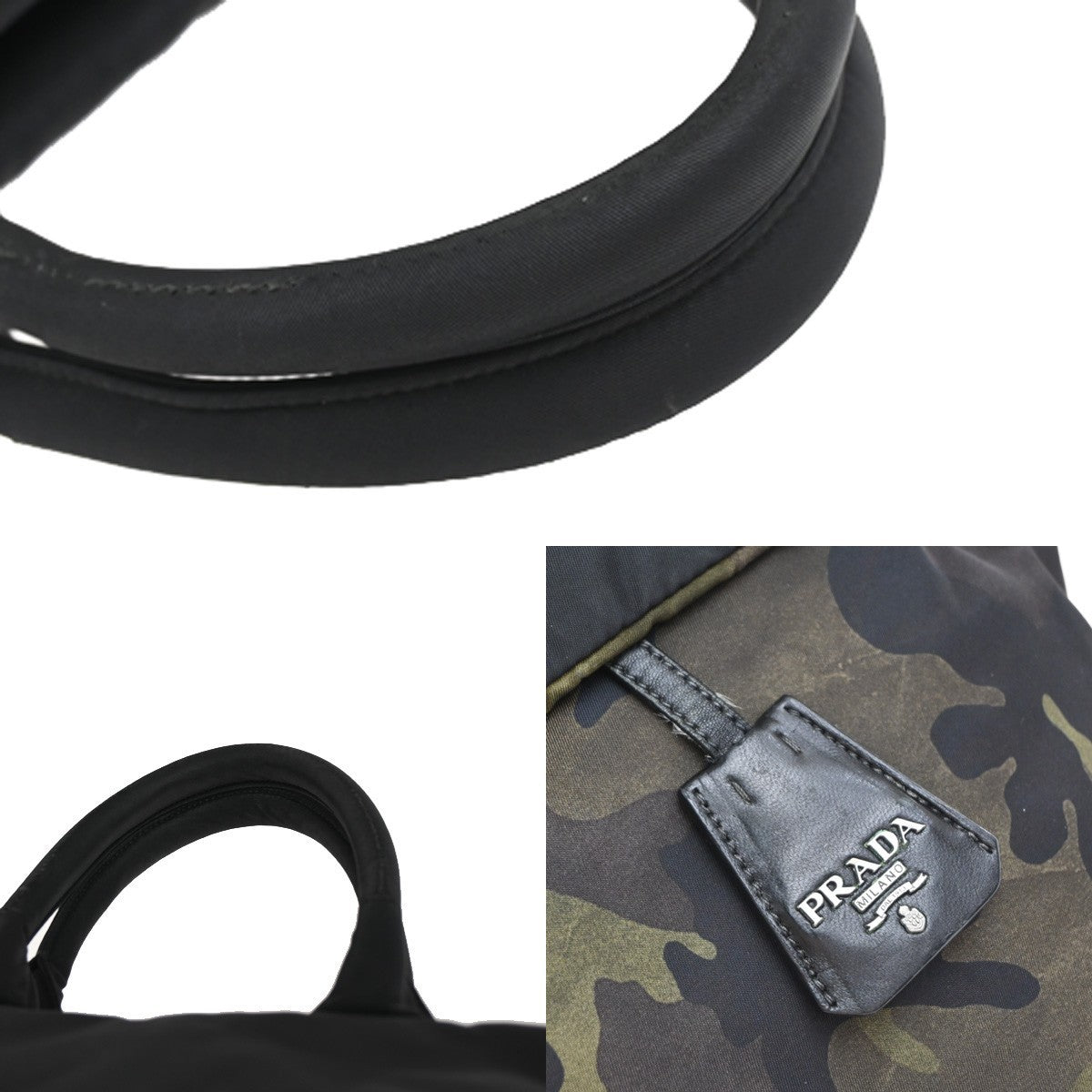 PRADA Logo Reversible Tessuto Hand Bag Nylon Leather Camouflage Black 35KP373