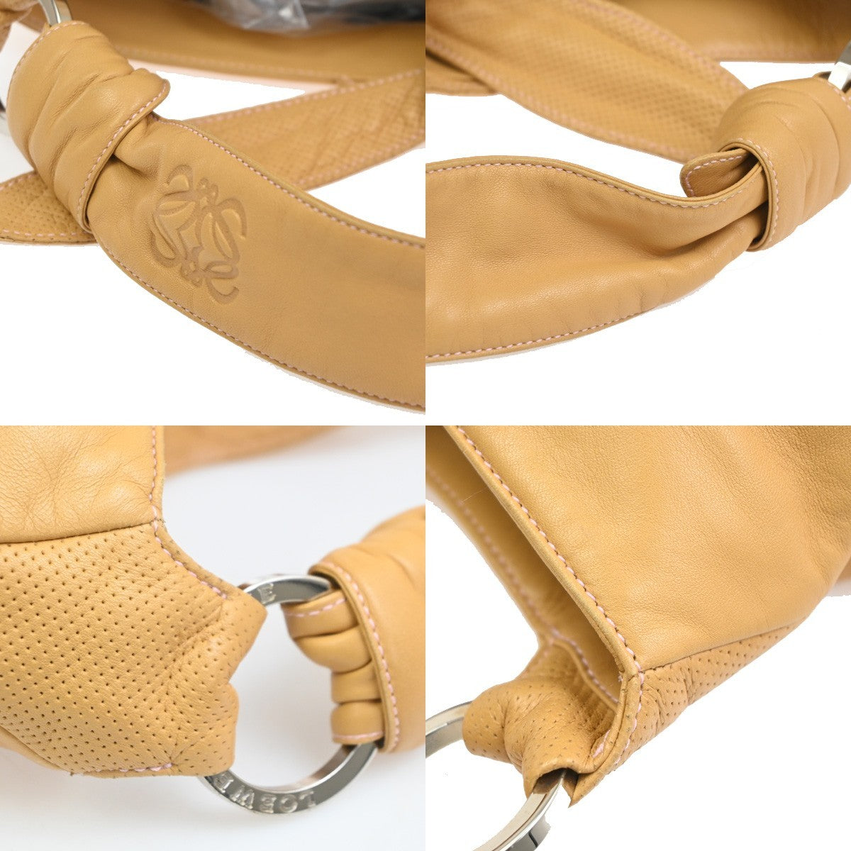LOEWE Logo Anagram Knot Hobo Shoulder Hand Bag Leather Beige SHW Spain 73CA770