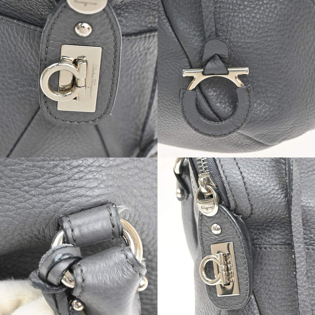 SALVATORE FERRAGAMO Logo Gancini Shoulder Hand Bag Leather Gray Italy 67KD031