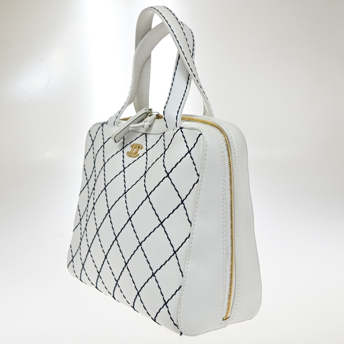 CHANEL CC Logo Wild Stitch Shoulder Hand Tote Bag Leather White Vintage 21RF687