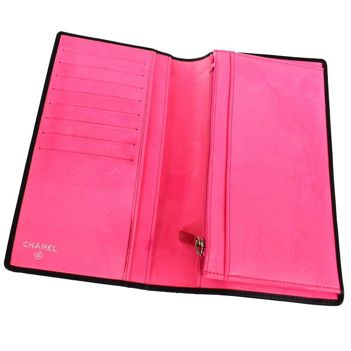 CHANEL CC Logo Cambon Long Bifold Wallet Leather Black Pink Italy 87SH089