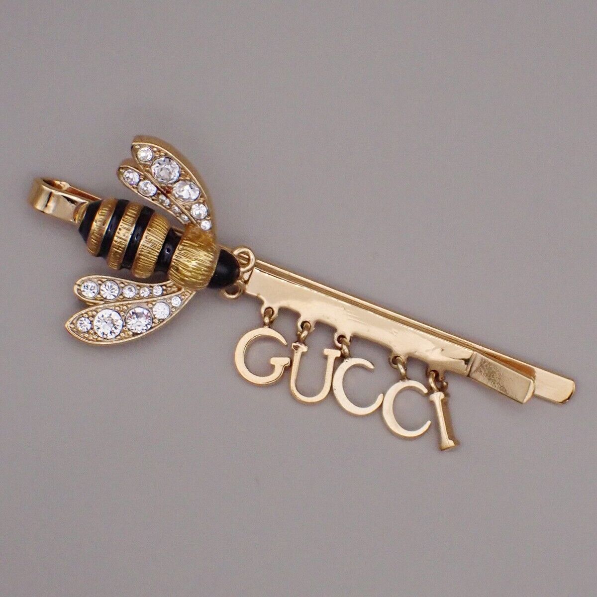 GUCCI Logo Bee Motif Rhinestone Hair Clip Pin Accessory Gold Italy 04YG569
