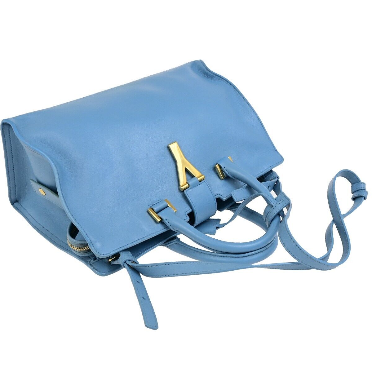 SAINT LAURENT  Logo Classic Y Cabas 2 Way Hand Bag Leather Blue Gold 79FB398