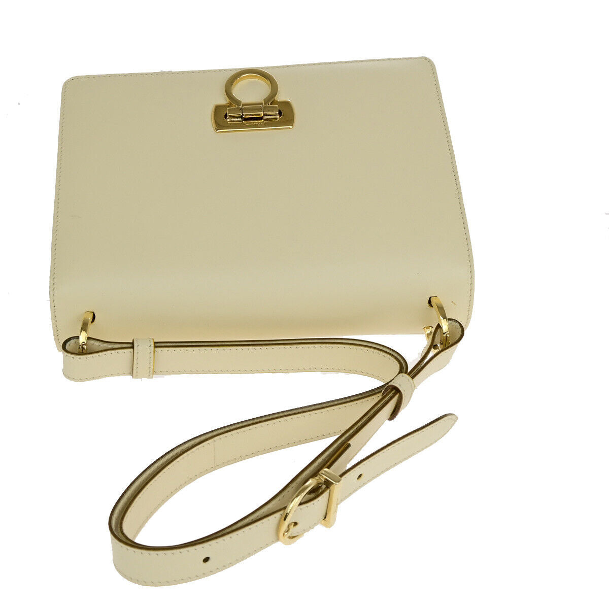 SALVATORE FERRAGAMO Logo Gancini Shoulder Bag Leather Ivory Gold 30SJ116