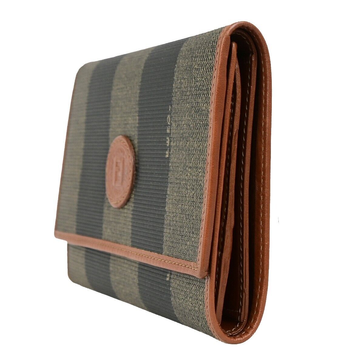 FENDI Logo Pequin Trifold Compact Wallet PVC Leather Brown Black Italy 05KA408