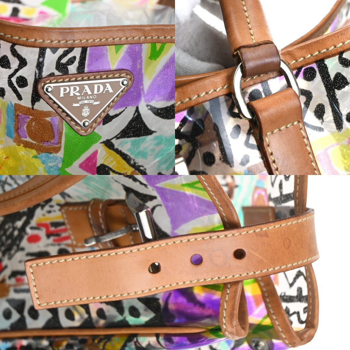 7.Live PRADA Venetian Print Shoulder Tote Bag Vinyl Leather Brown Italy 37KD059