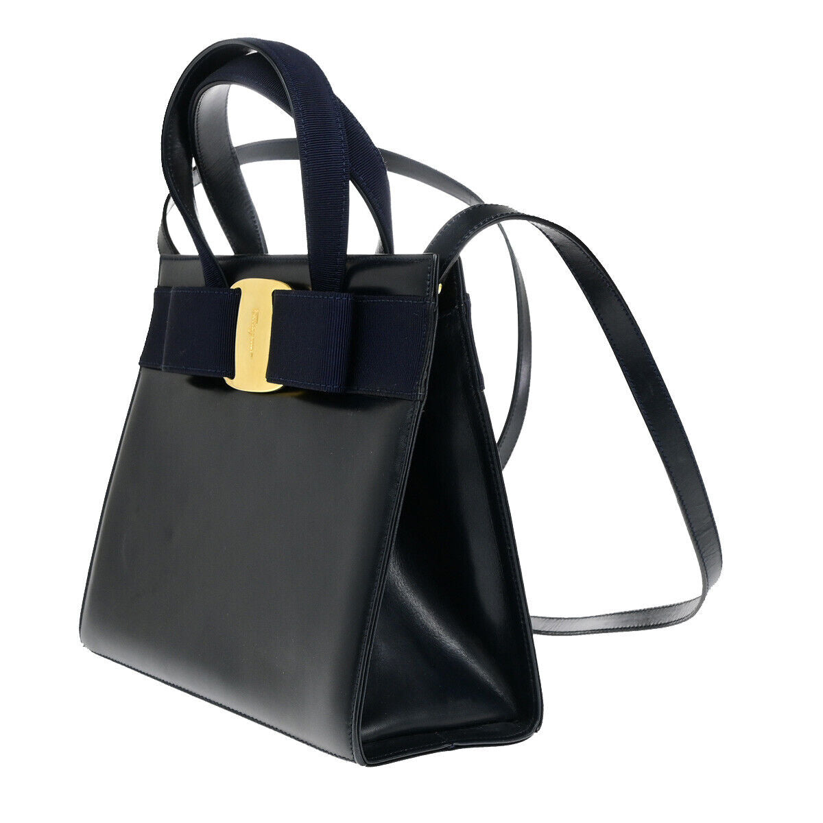 SALVATORE FERRAGAMO Vara Hand Bag Canvas Leather Navy Blue GHW Italy 37YF210