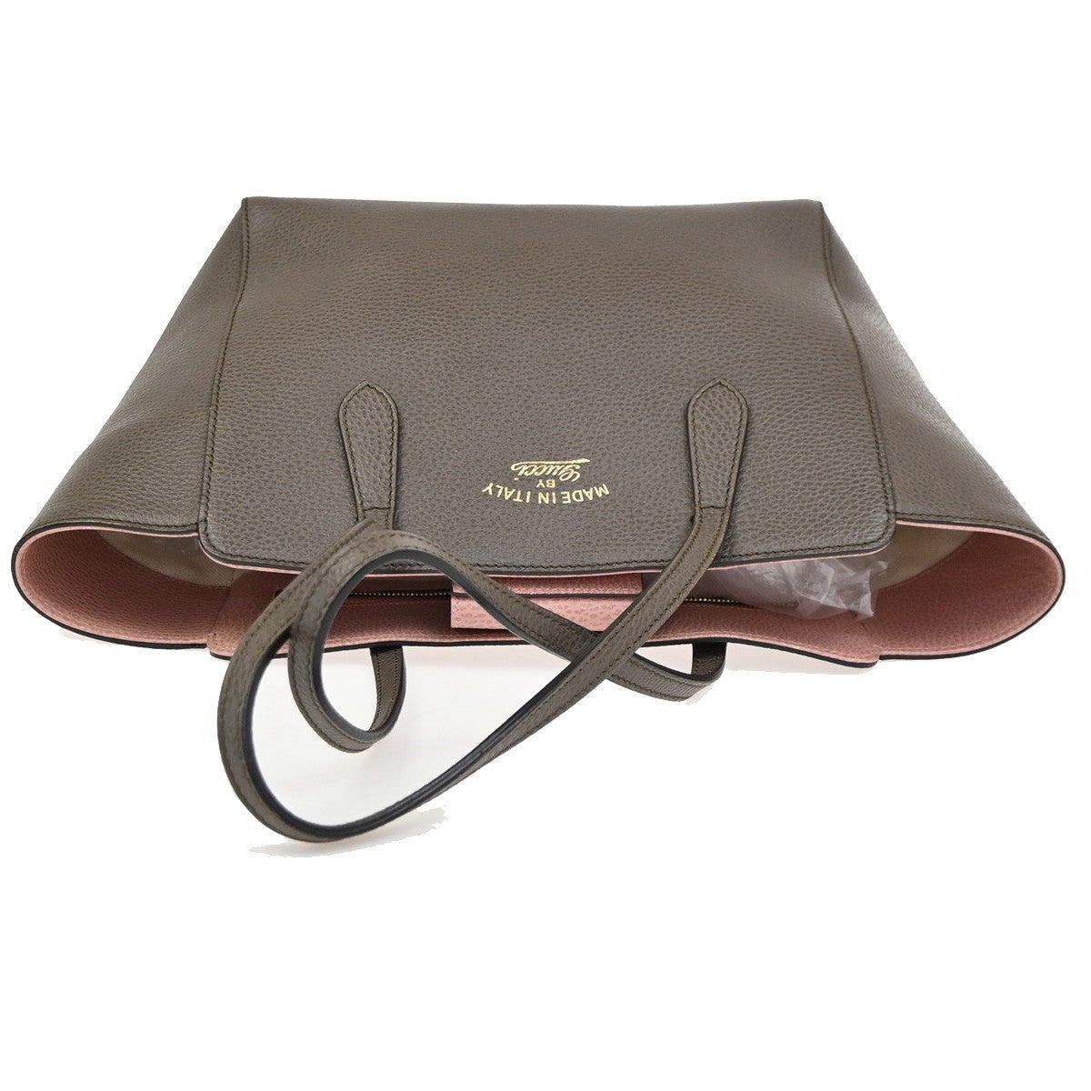 GUCCI Logo Swing Tote Bag Pebbled Calfskin Leather Brown Pink GHW Italy 70KC633
