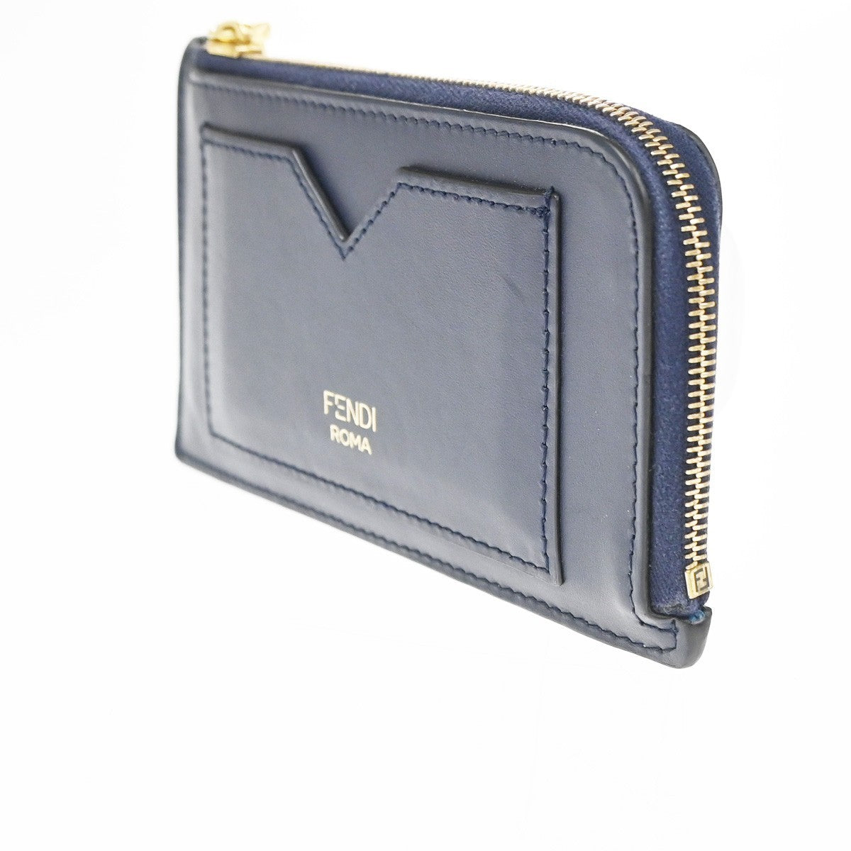 FENDI  Logo Fragment Case Coin Wallet Purse Leather Blue GHW Italy 63CA862