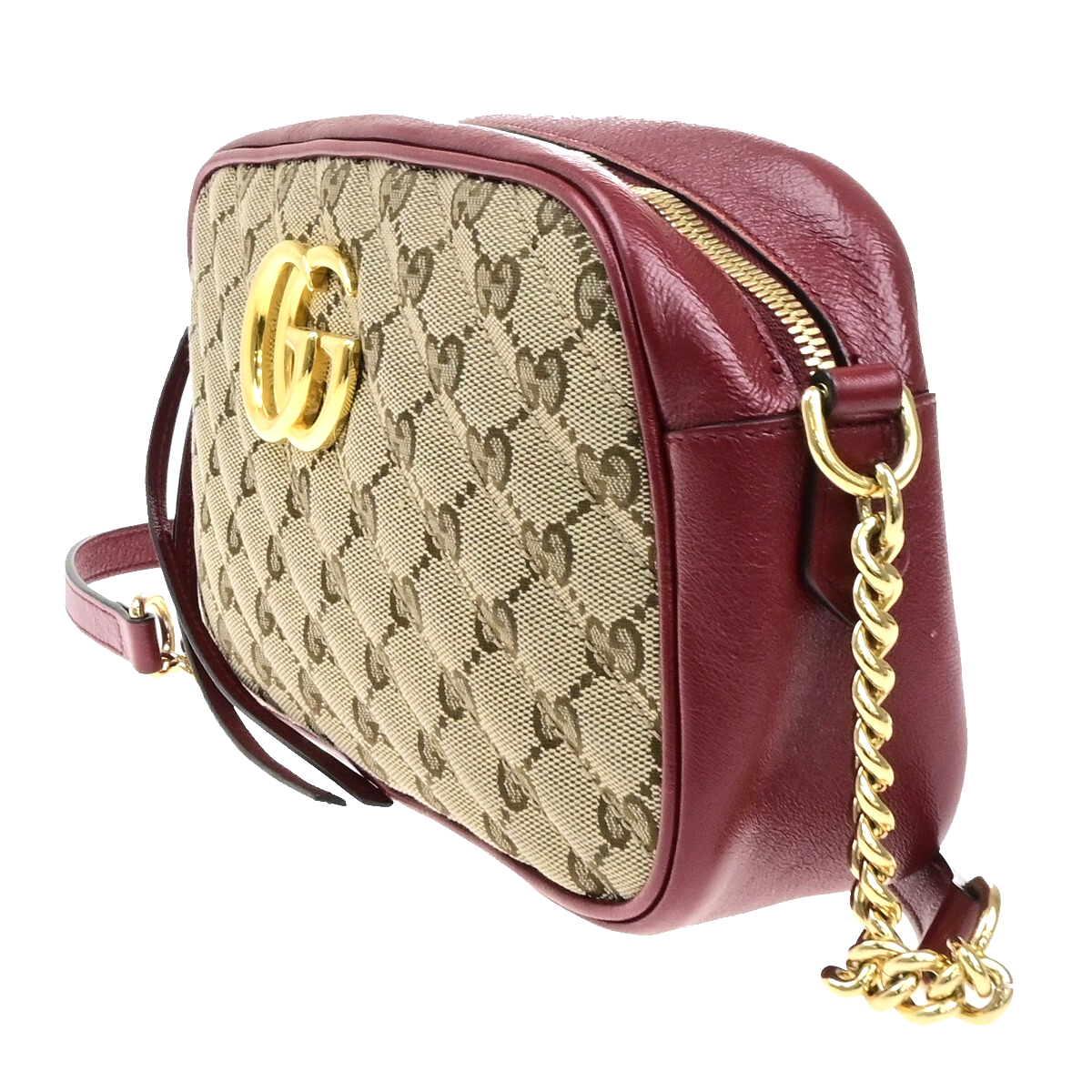 GUCCI Marmont GG Pattern Chain Shoulder Bag Canvas Leather Brown Red 600KB508