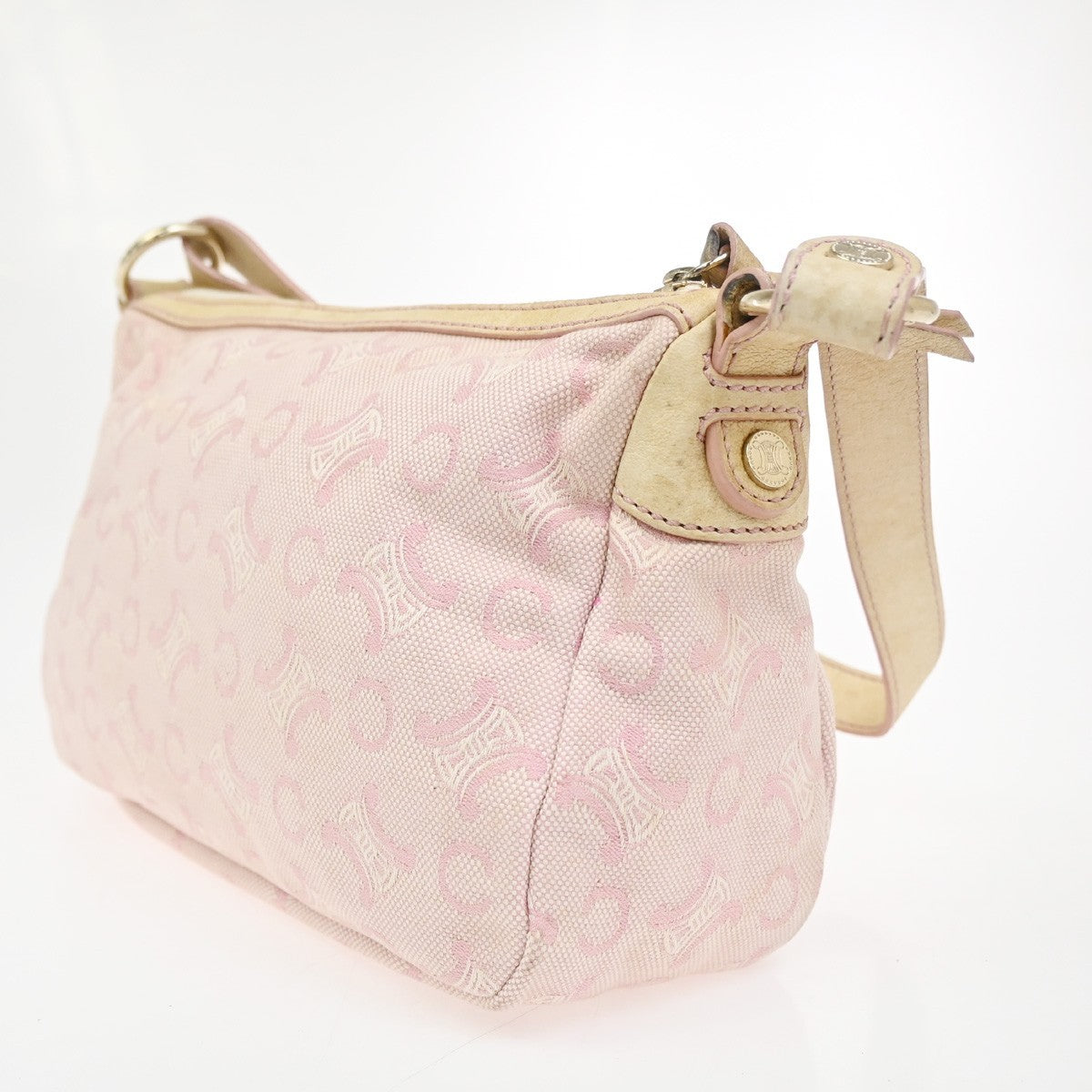 CELINE Logo C Macadam Shoulder Bag Canvas Leather Beige Pink GHW 63ZA180