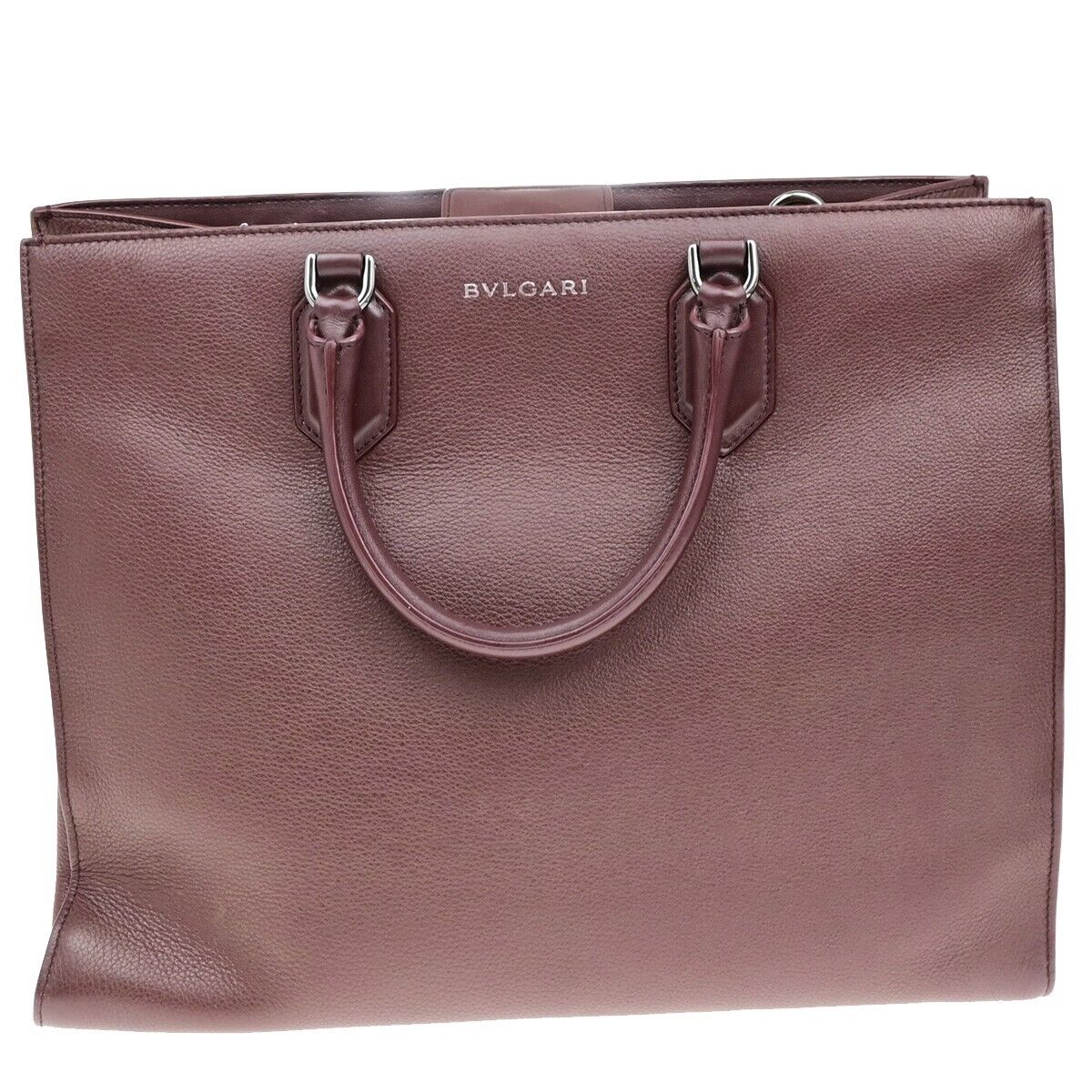 BVLGARI Logo Infinity Tote Hand Bag Leather Red Burgundy Silver Italy 98ED855