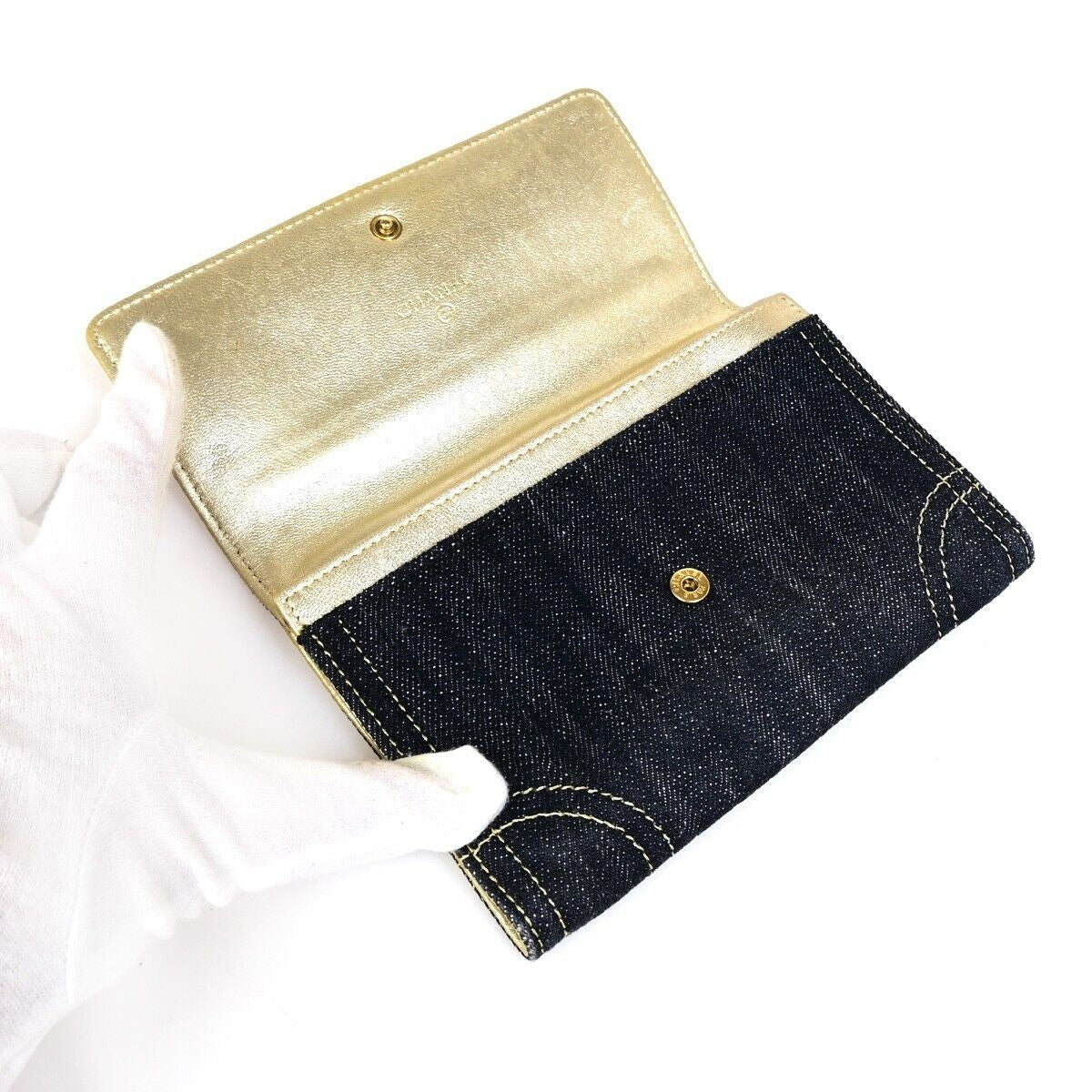 CHANEL CC Logo Stitch Flap Wallet Purse Denim Leather Blue Gold GHW 70RK156