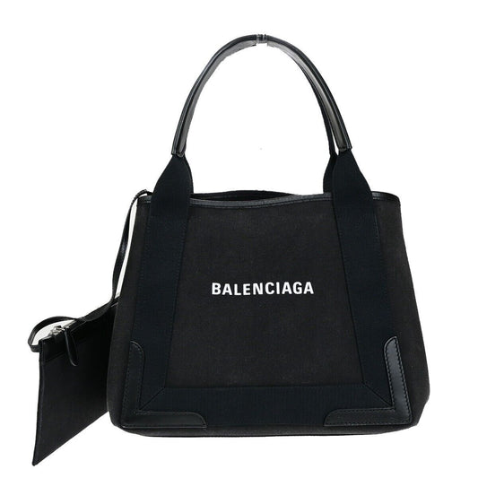 BALENCIAGA Navy Cabas S Hand Tote Bag Canvas Leather Black SHW Italy 32ED210