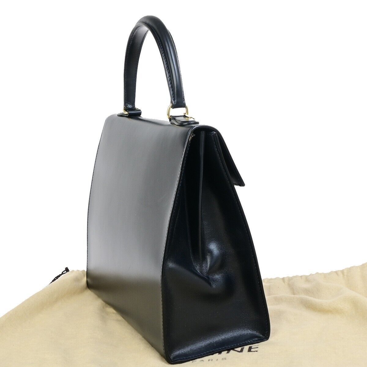 CELINE Logo Top Handle Hand Bag Leather Navy Blue GHW Made in Italy 34EC891