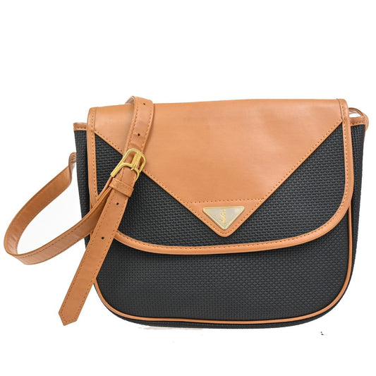 YVES SAINT LAURENT YSL Logo Shoulder Bag PVC Leather Black Brown GHW 33TA633