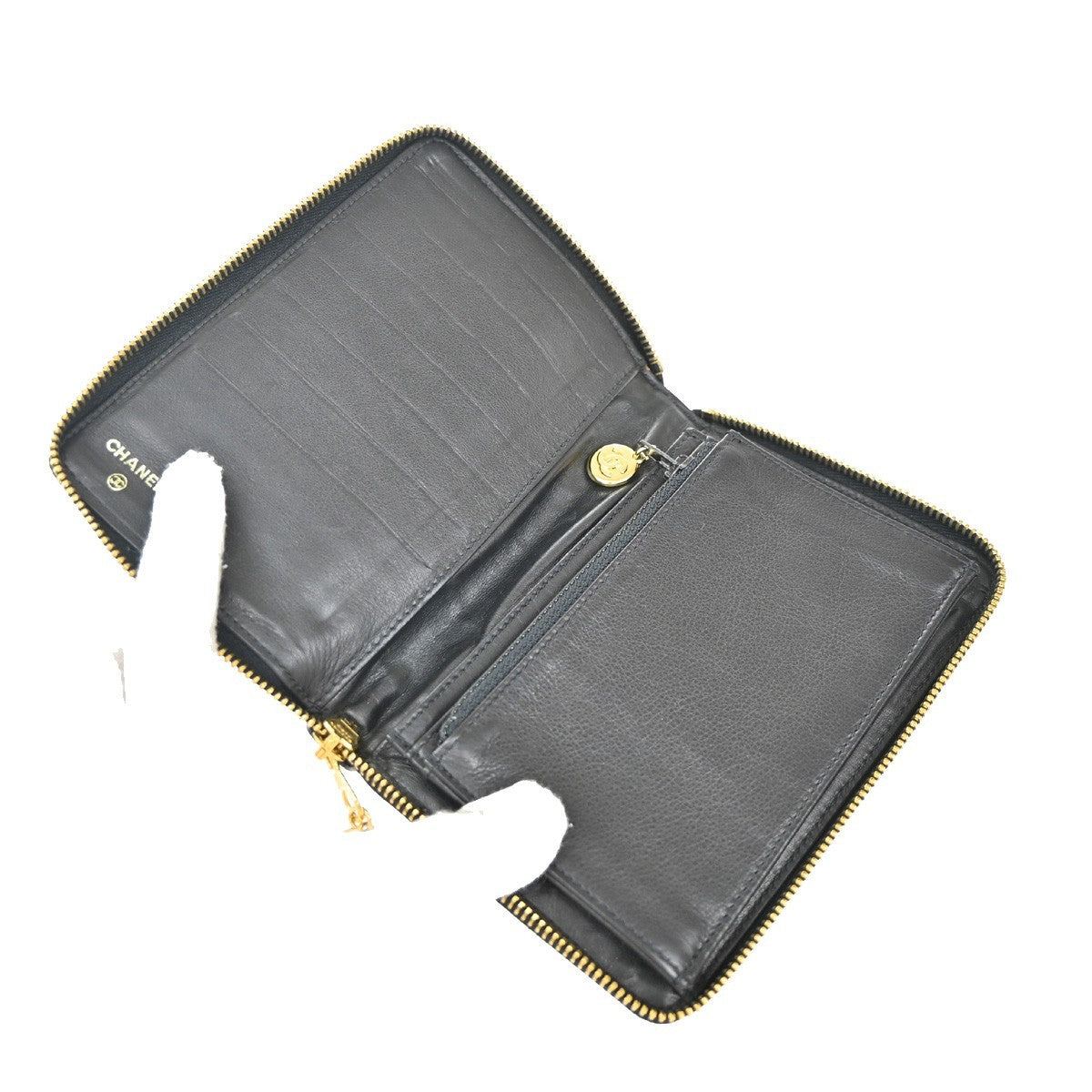 CHANEL CC Logo Zipper Around Wallet Patent Leather Black Italy Vintage 05EG064