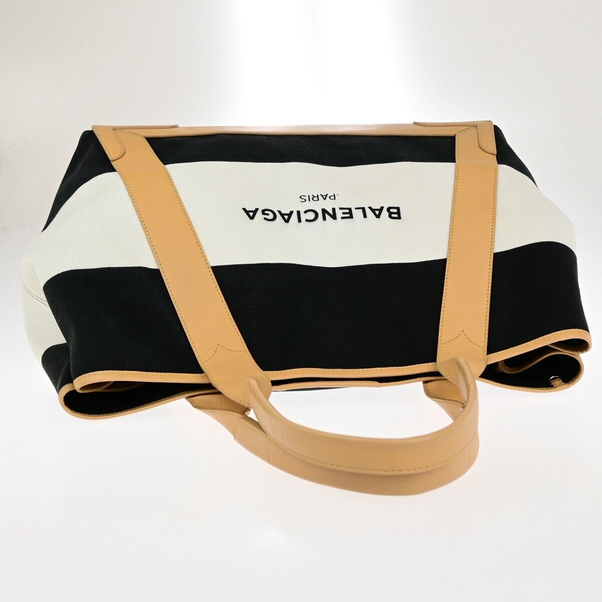 BALENCIAGA Logo Navy Cabas Shoulder Tote Bag Canvas Leather Black White 39EC740