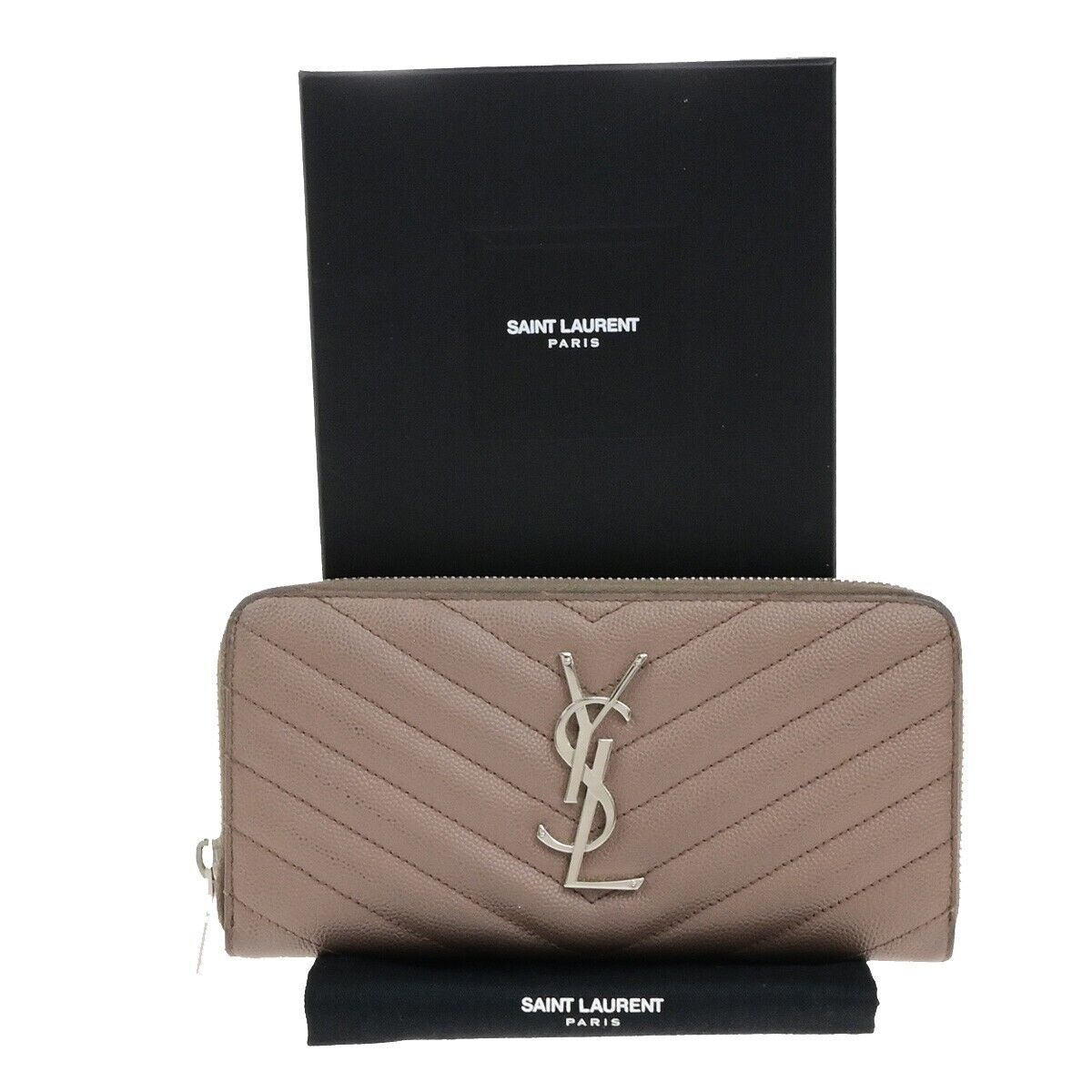 SAINT LAURENT YSL Logo Zipper Aroung Long Wallet Purse Leather Brown SHW 64EA259