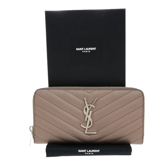 SAINT LAURENT YSL Logo Zipper Aroung Long Wallet Purse Leather Brown SHW 64EA259