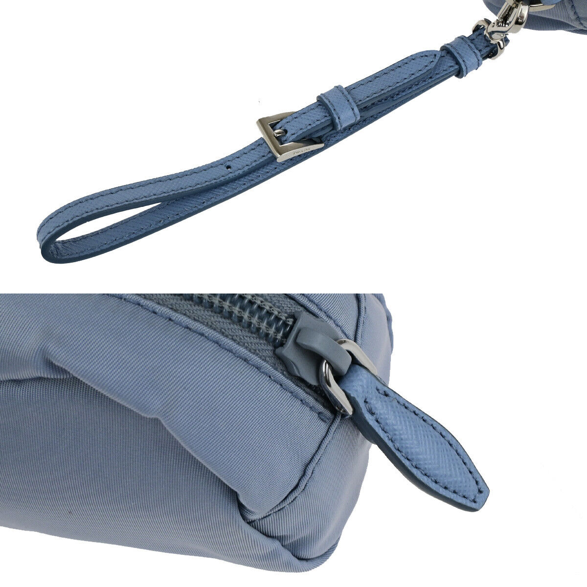 PRADA Logo Tessuto Cosmetic Mini Pouch Nylon Leather Blue SHW Italy 66YG675