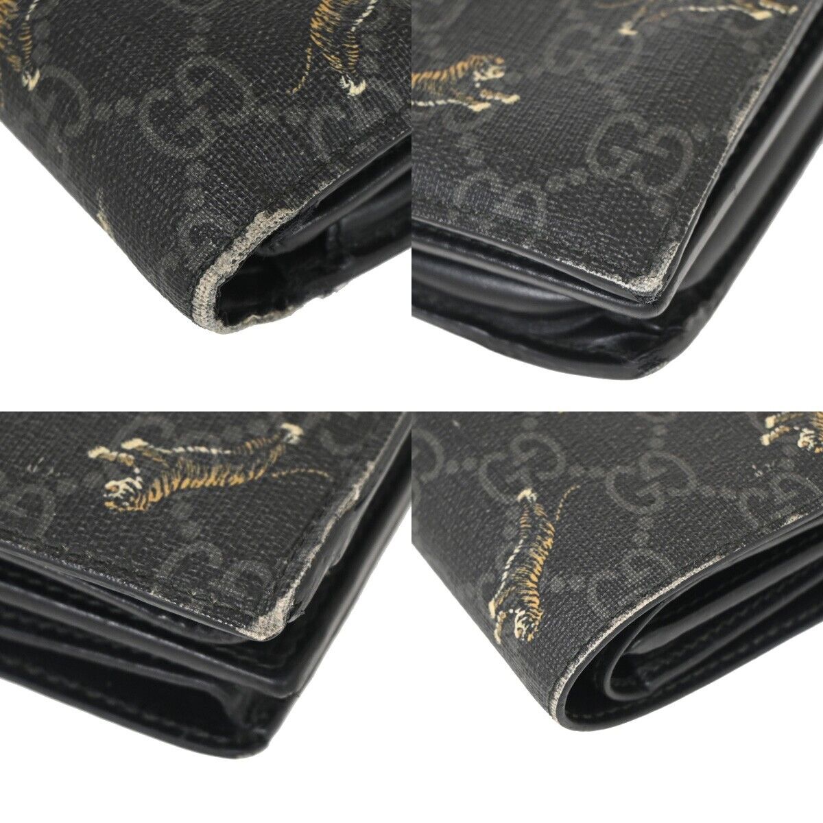 GUCCI Logo GG Pattern Tiger Bifold Wallet Purse Supreme Leather Black 09YD729