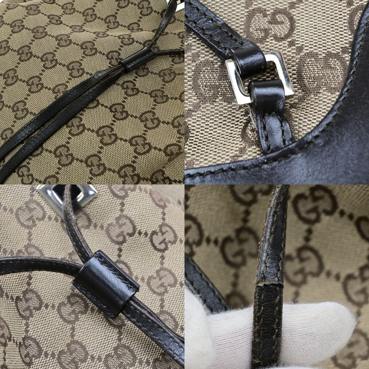 GUCCI Logo GG Pattern Drawstring Backpack Bag Canvas Leather Brown SHW 35EE038