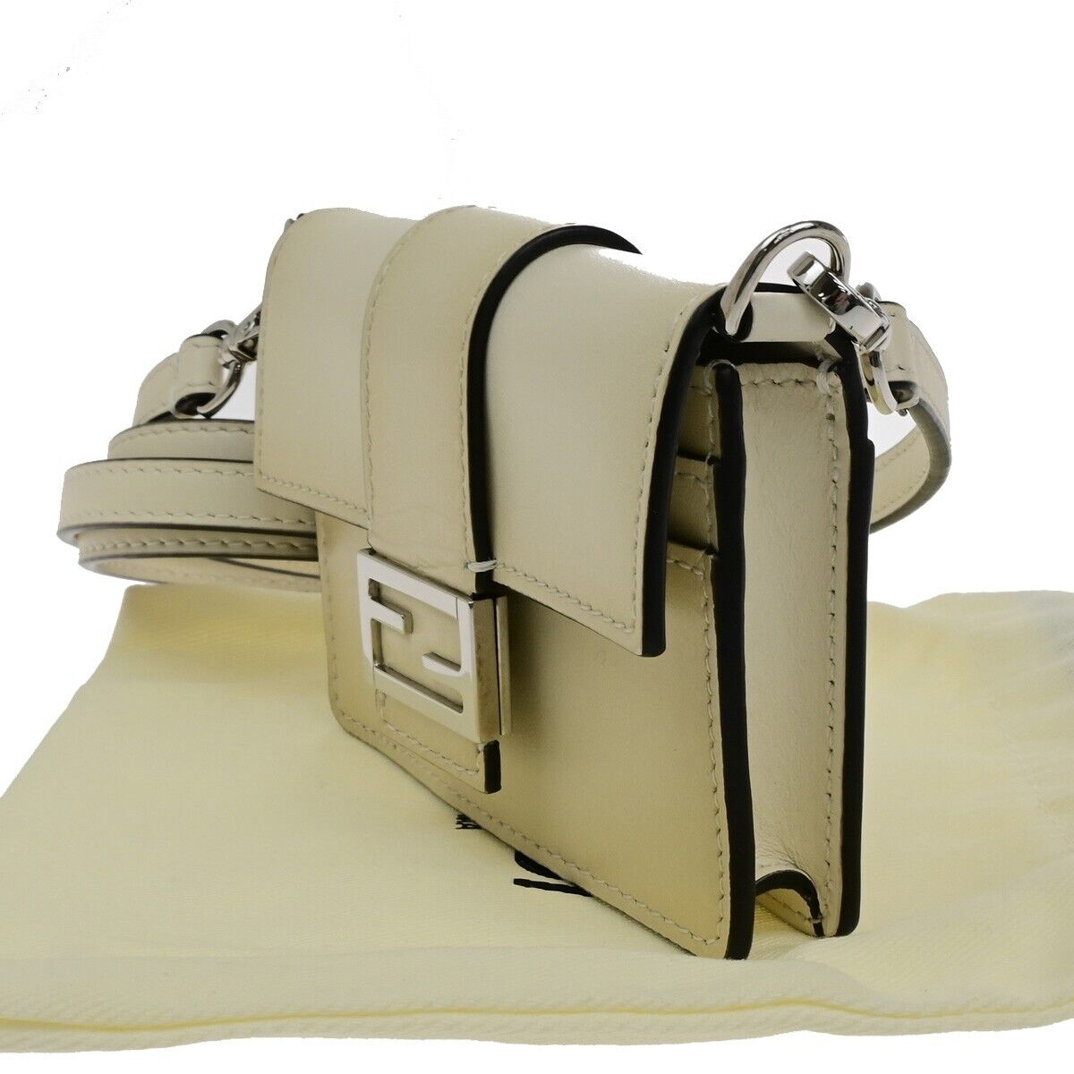 FENDI Logo Mini Flat Baguette Shoulder Bag Wallet Leather White 7M0311 89ED465