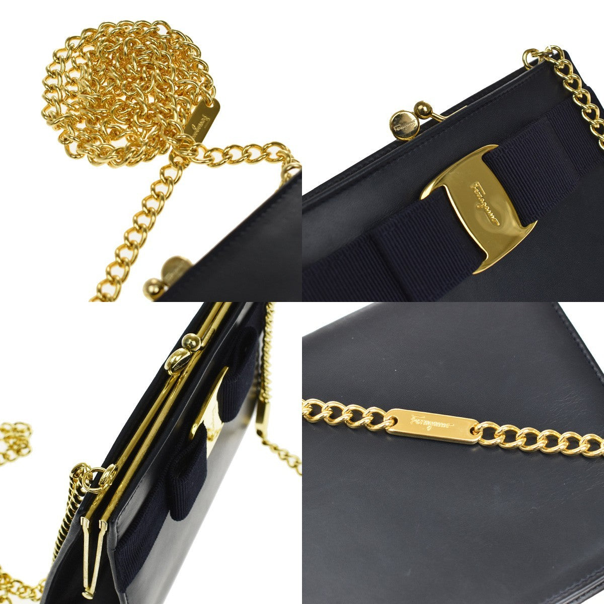 SALVATORE FERRAGAMO Vara Mini Chain Shoulder Bag Leather Navy Blue GHW 69KB071