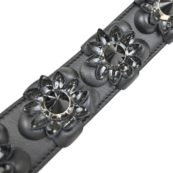 FENDI Logo Bag Shoulder Strap Flower Studs Leather Black SHW Italy 30KP492