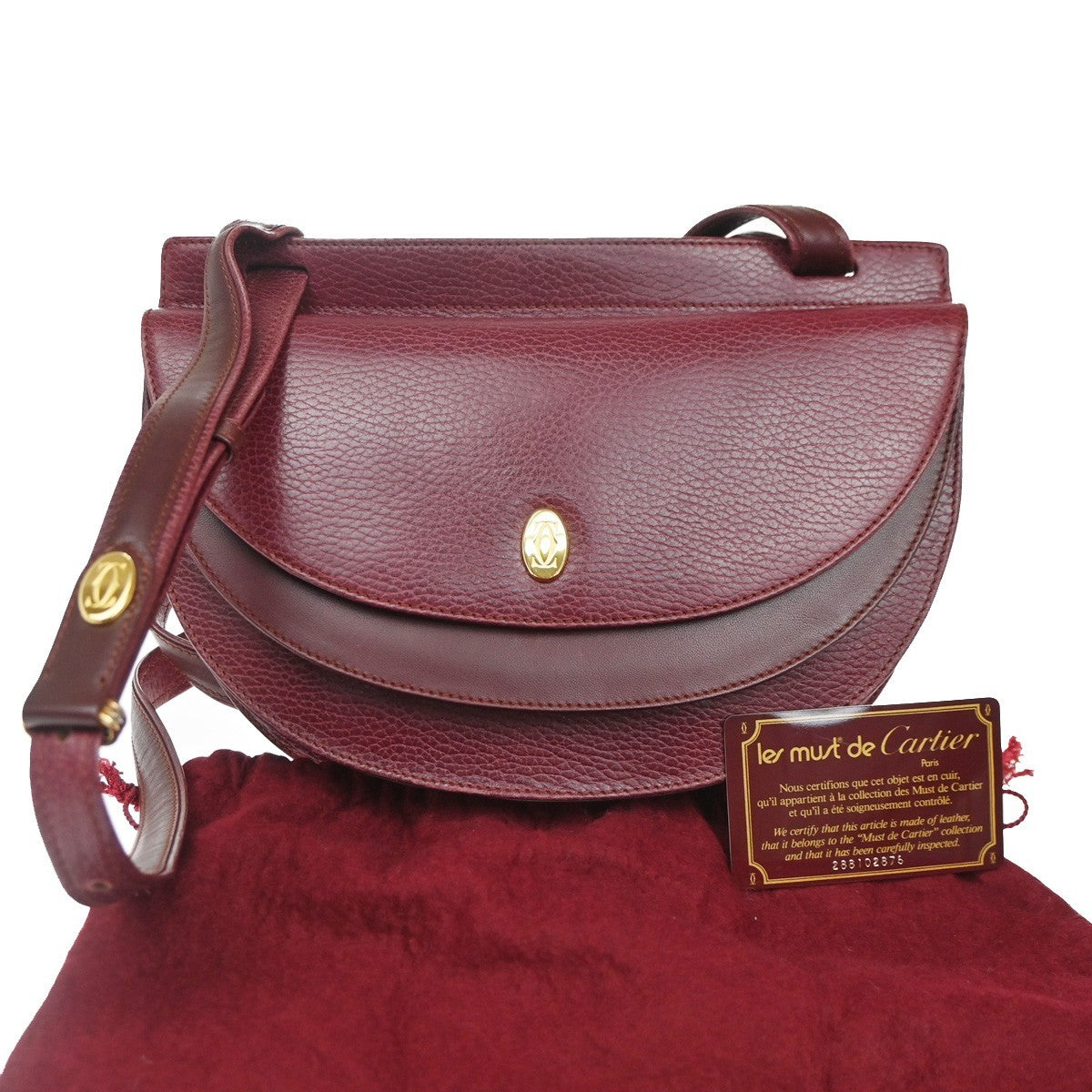 MUST DE CARTIER 2C Logo Shoulder Hand Bag Leather Red Burgundy GHW Spain 36CA740