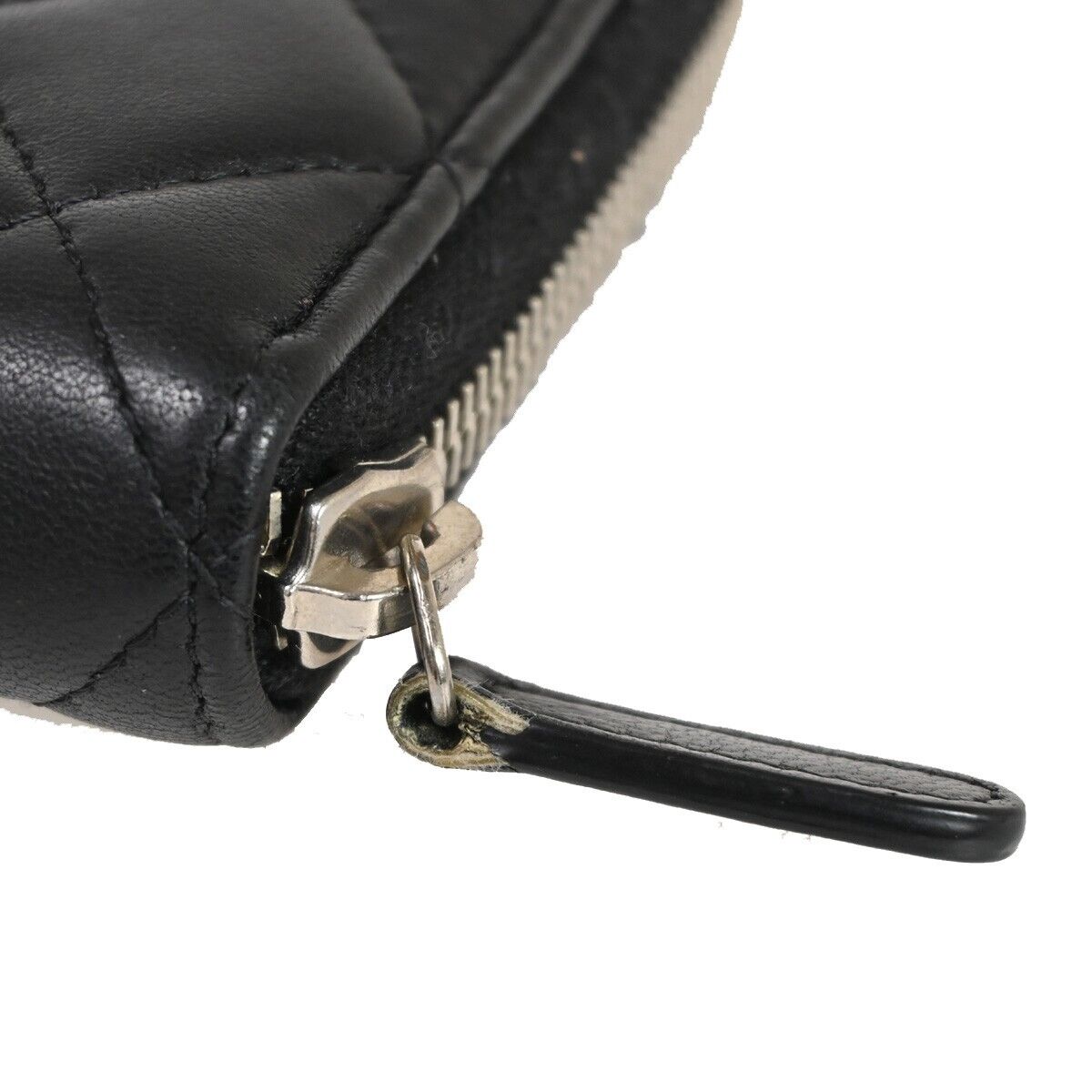 CHANEL CC Logo Zip Around Wallet Purse Matelasse Leather Black Silver 16HB878