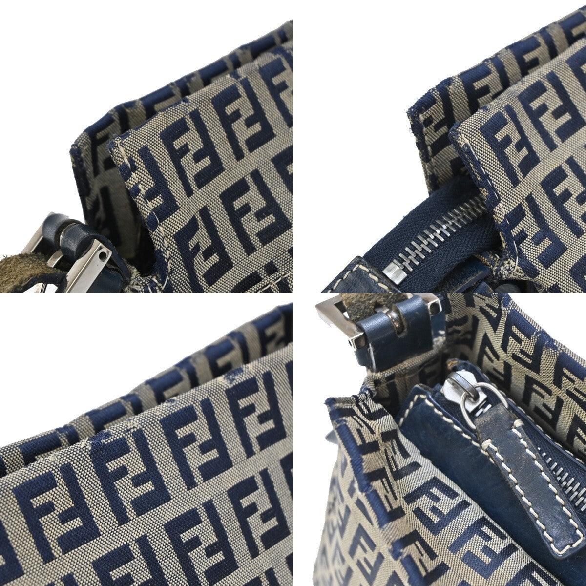 FENDI Logo Zucchino Pattern Shoulder Bag Canvas Leather Navy Blue Silver 70EE283