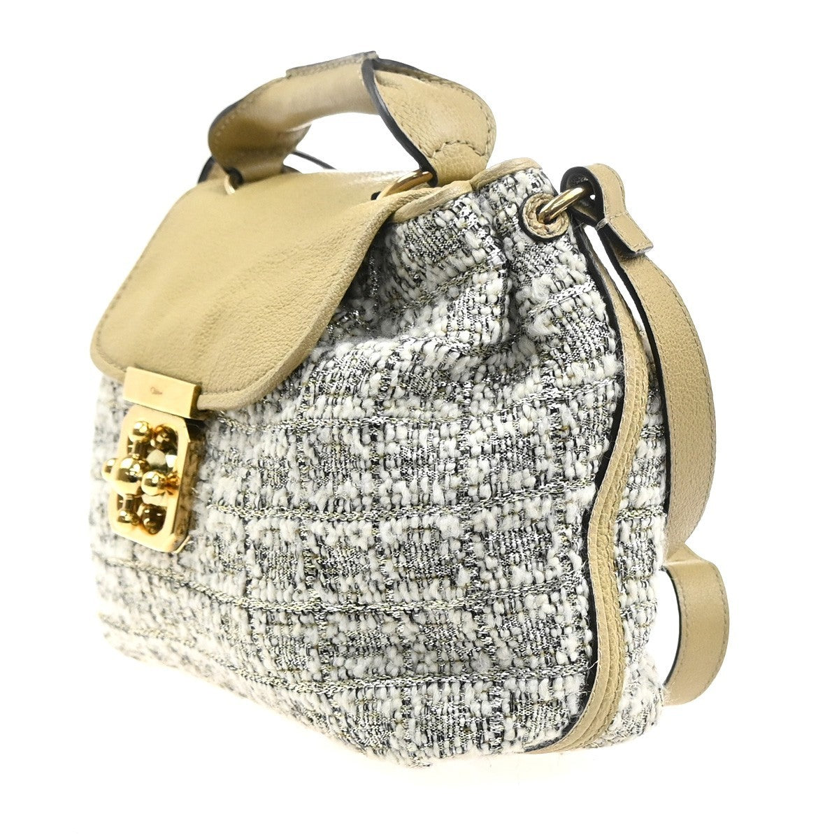 CHLOE Logo Elsie 2Way Shoulder Hand Bag Tweed Leather Beige GHW Italy 64KP549
